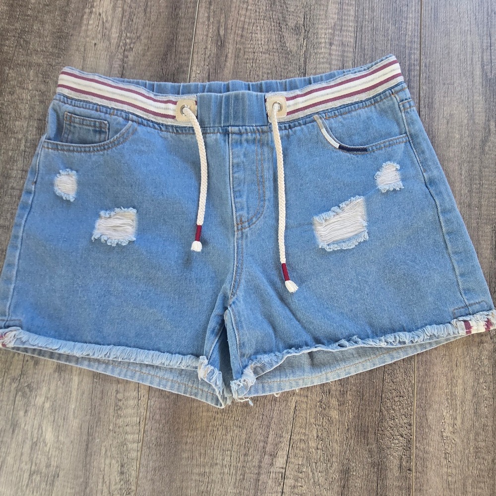 POL Distressed Denim Shorts Light Wash Blue Elastic Waist BWP17 Womens L